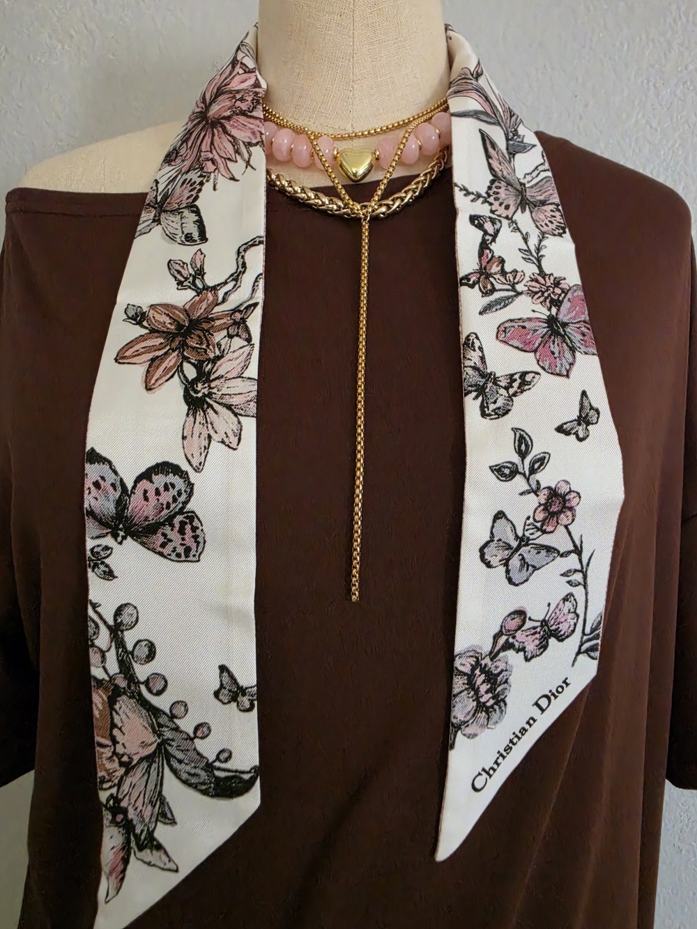 Dior Floral Silk Twilly in White and Pink Stripe - Picture 4 of 6